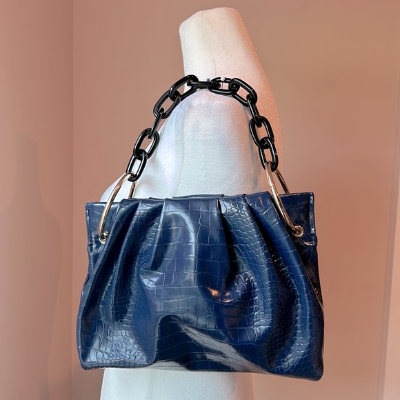 Anthropologie House of Want Blue Faux Crocodile Leather Clutch Shoulder Bag EUC - Picture 2 of 12